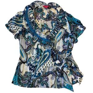 Y2K Sheer Blue Paisley Ruffle Collar Short Sleeve Wrap Top (L)